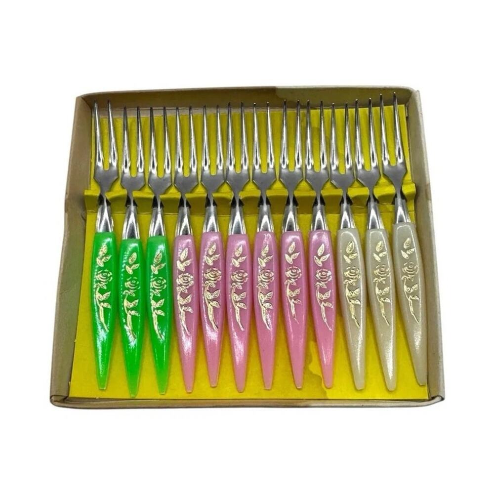 Retro Forks in Green Pink and Bone with Celluloid and Stainless Steel- Set of 12